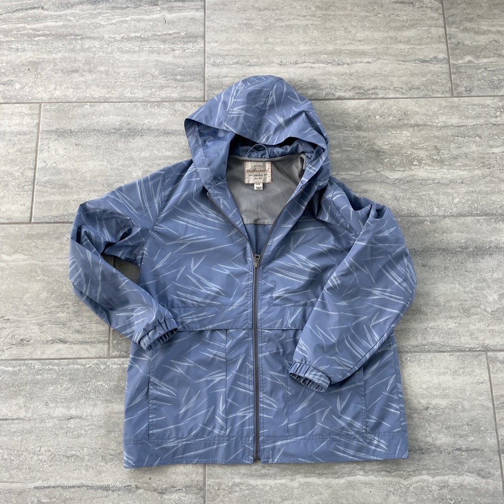 womens Zip Up windbreaker Blue With Withe Pattern Hooded Front Pockets Large